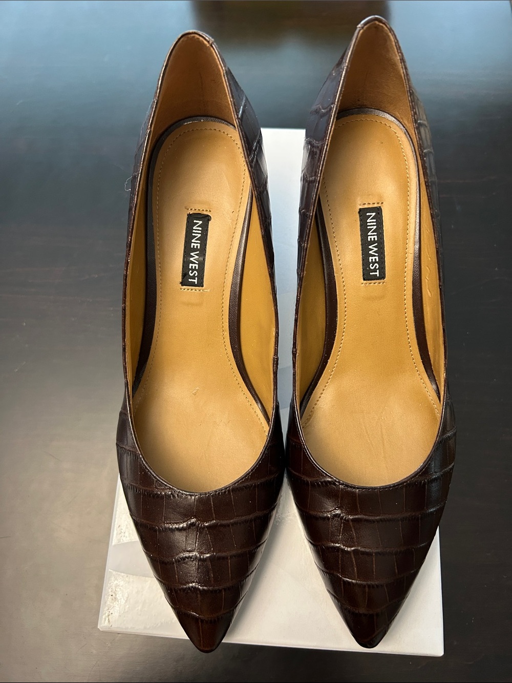 Nine West Dark Brown Croc-Embossed Pointed Toe Flats